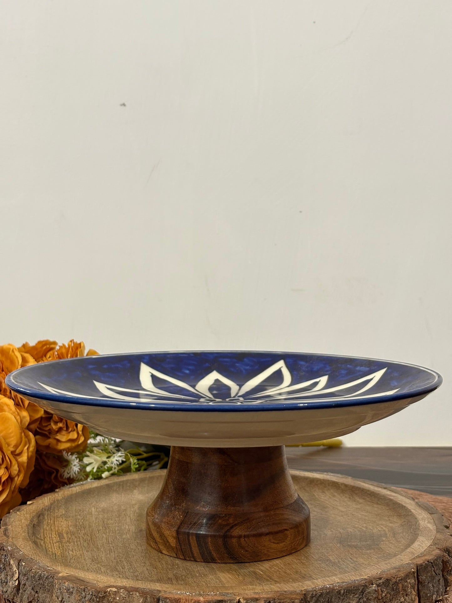 CERAMIC SERVING PLATTER WITH WOOD BASE