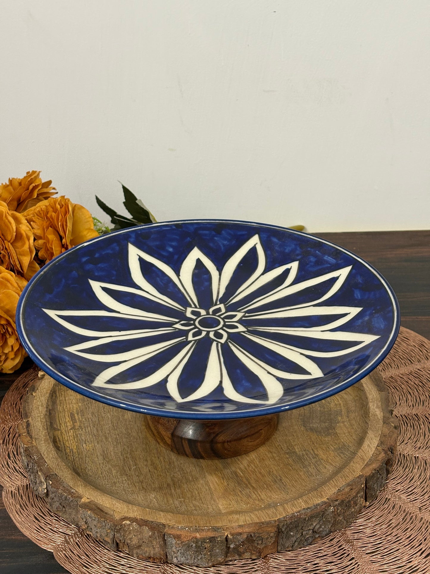 CERAMIC SERVING PLATTER WITH WOOD BASE