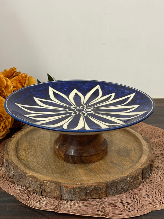 CERAMIC SERVING PLATTER WITH WOOD BASE