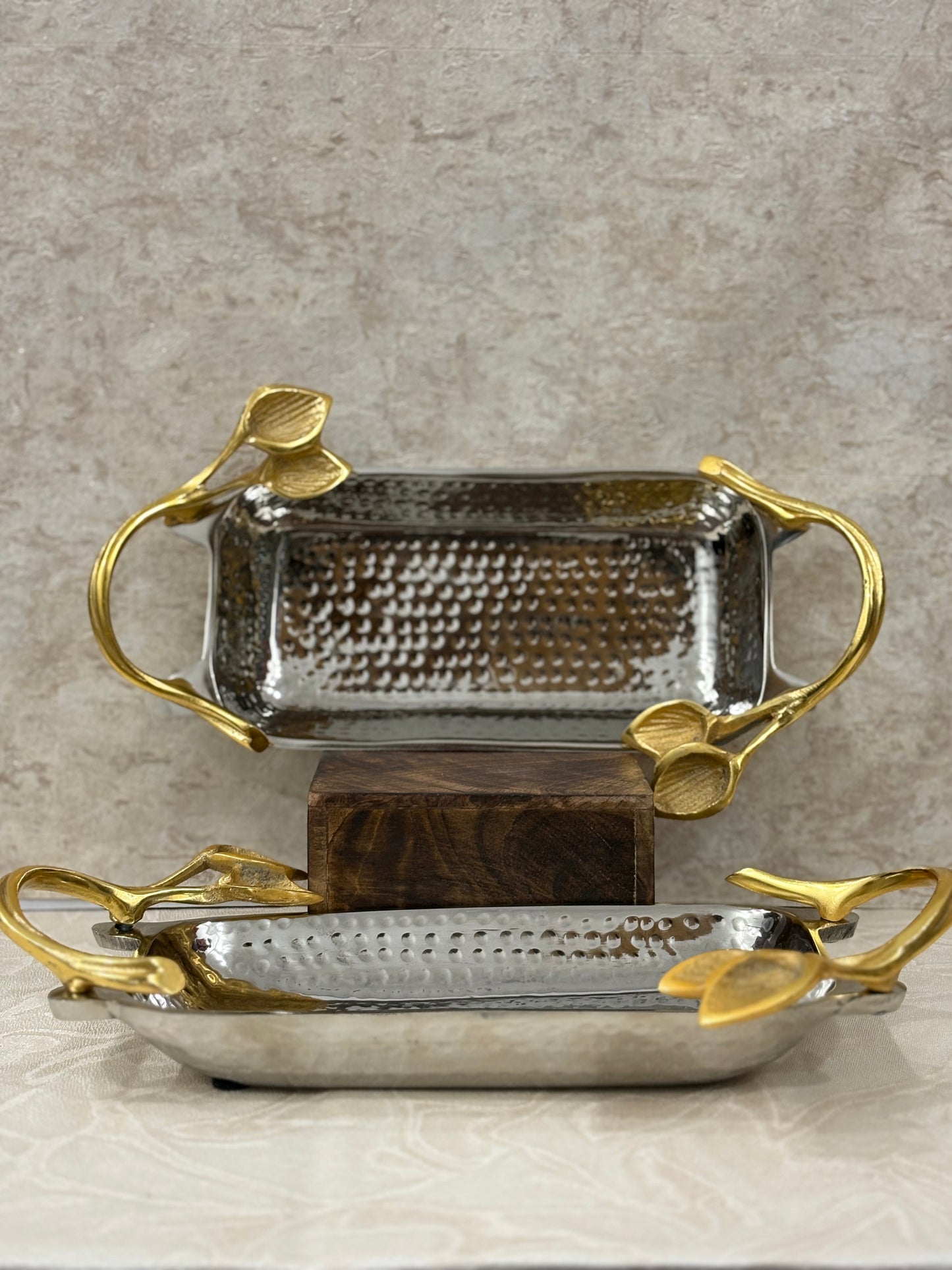 METAL SILVER SERVING PLATTER WITH LEAF HANDLES