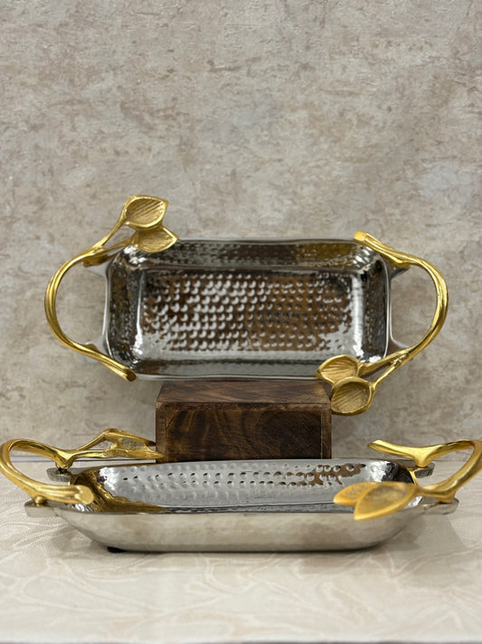 METAL SILVER SERVING PLATTER WITH LEAF HANDLES